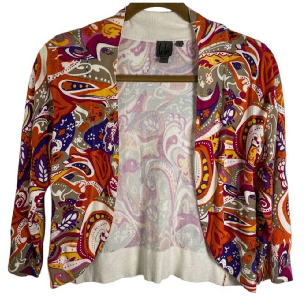 LiLi Multicolored Cardigan Bold Preppy Print Womens Spring Cropped Sweater Sz SM